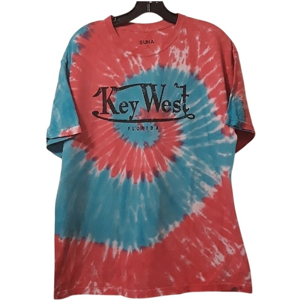 SUNA Key West Florida Souvenir TieDye Graphic T-Shirt Pink Turquoise Blue Medium